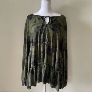 Beach Lunch Lounge Tiered Tunic Viscose Top Blouse Smokey Olive Tie Dye Size XL